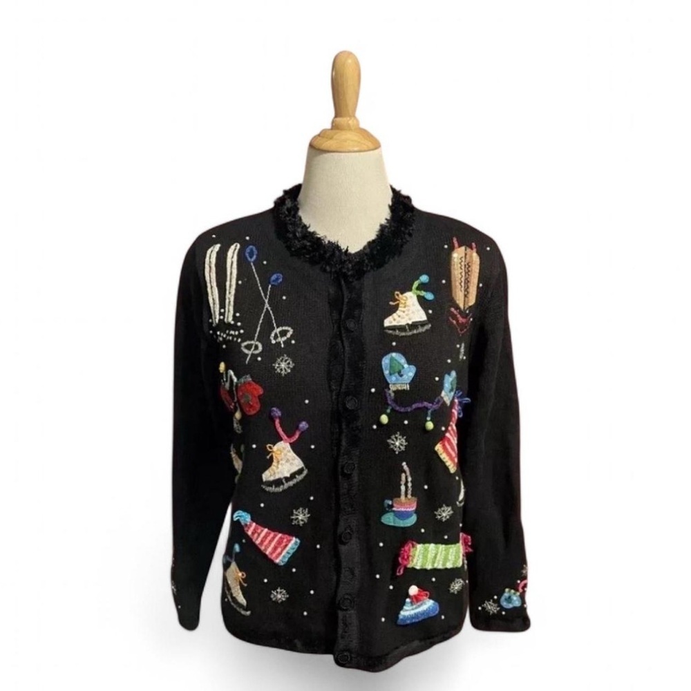 Vintage Berek Women's Large Christmas Cardigan Sweater Winter Embroidery Beaded